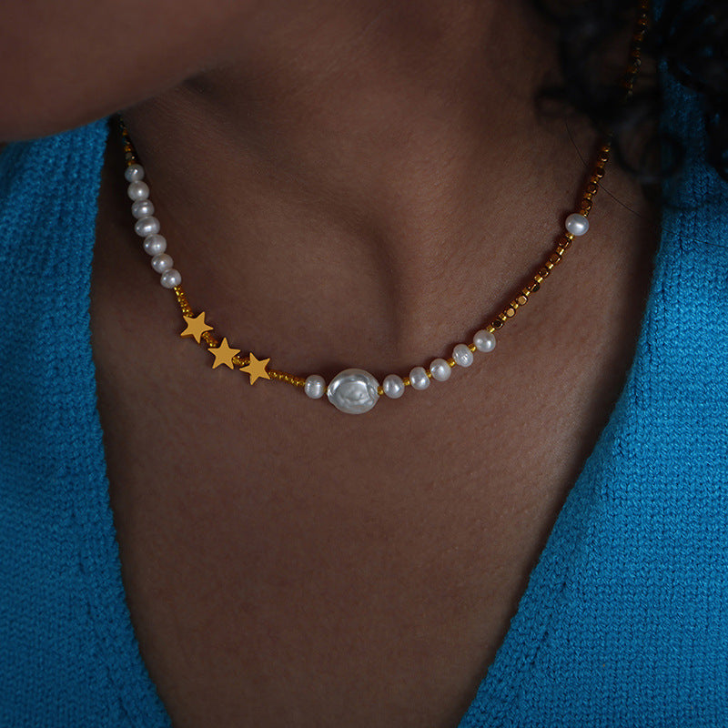 Dopamine Natural Cultured Pearl Star Collarbone Necklace