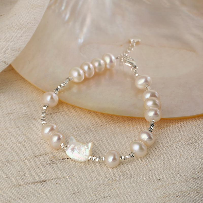 Natural Pearl Cat S925 Sterling Silver Bracelet