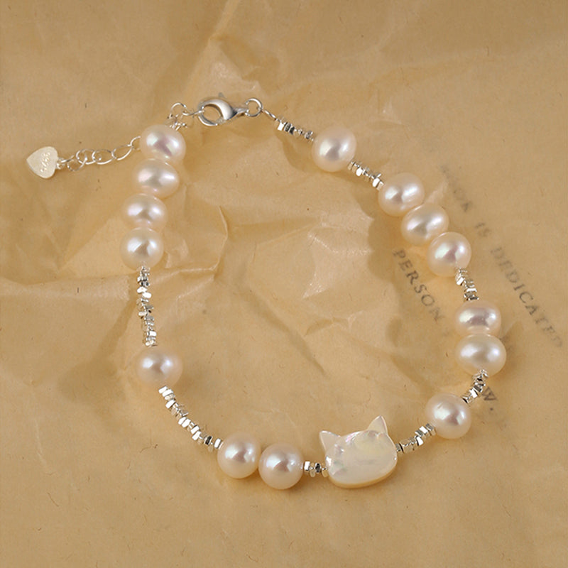 Natural Pearl Cat S925 Sterling Silver Bracelet