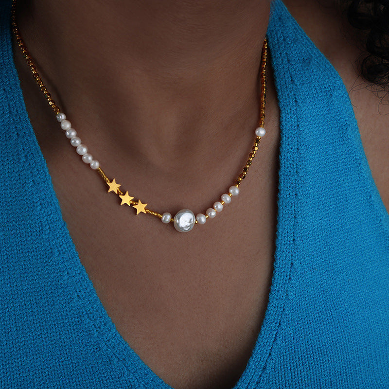 Dopamine Natural Cultured Pearl Star Collarbone Necklace