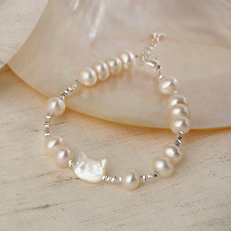 Natural Pearl Cat S925 Sterling Silver Bracelet