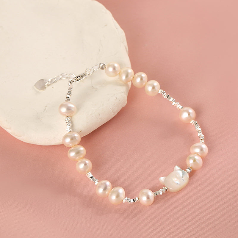 Natural Pearl Cat S925 Sterling Silver Bracelet