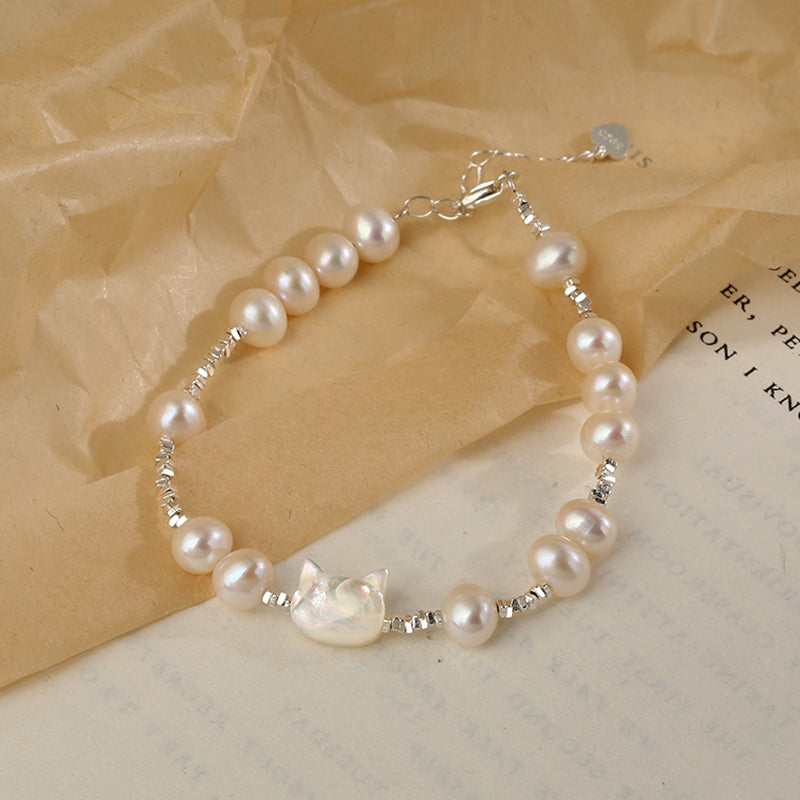 Natural Pearl Cat S925 Sterling Silver Bracelet