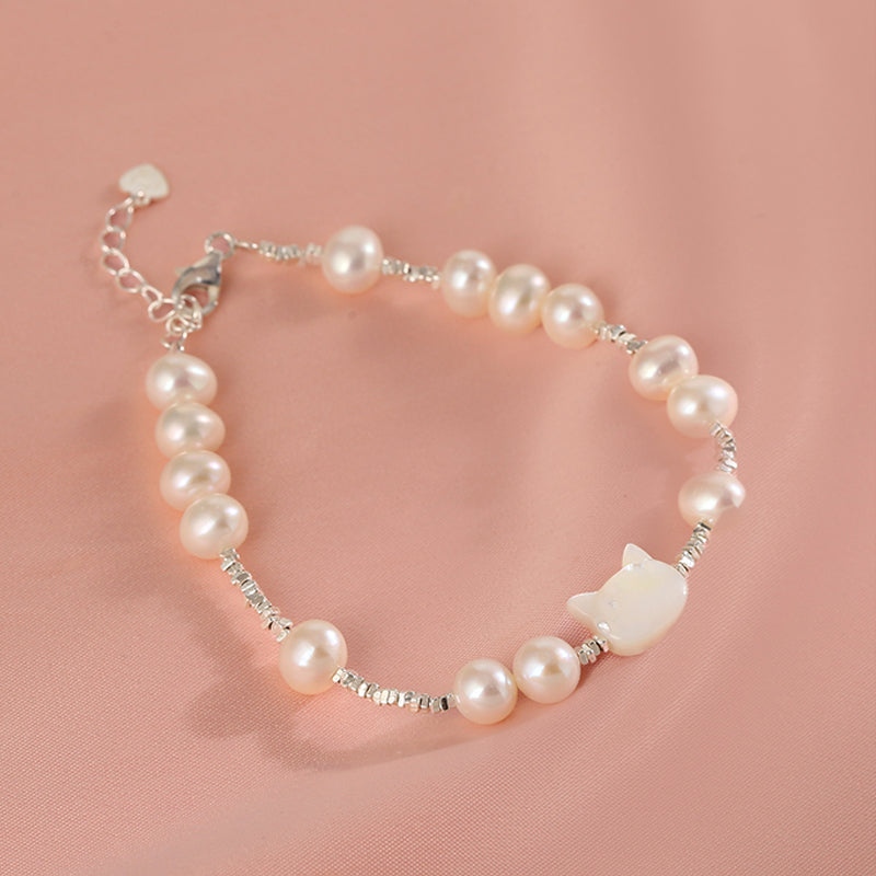 Natural Pearl Cat S925 Sterling Silver Bracelet