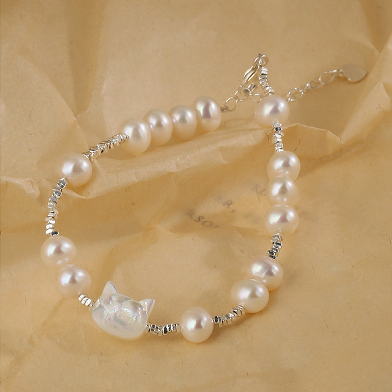 Natural Pearl Cat S925 Sterling Silver Bracelet