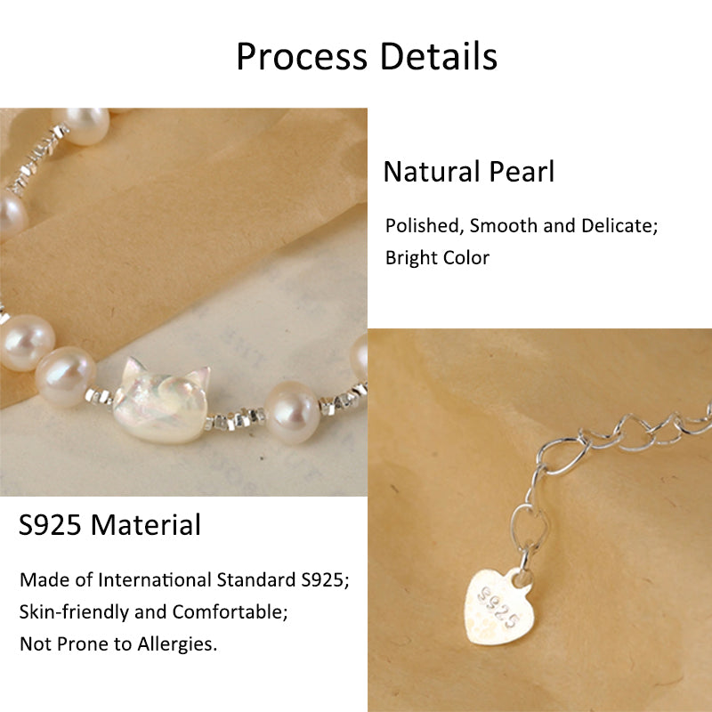 Natural Pearl Cat S925 Sterling Silver Bracelet