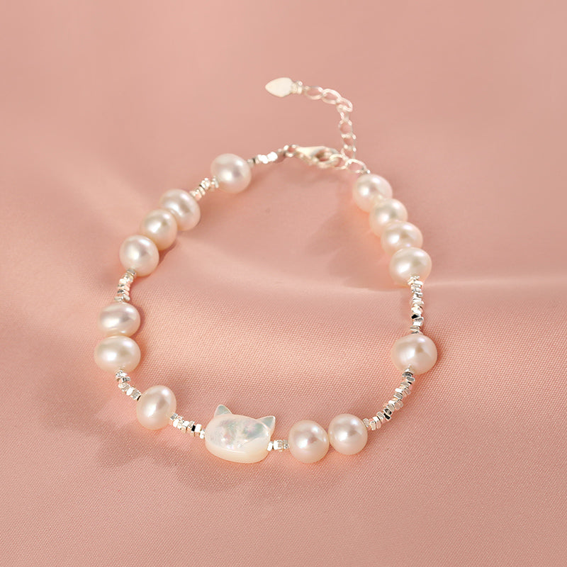 Natural Pearl Cat S925 Sterling Silver Bracelet