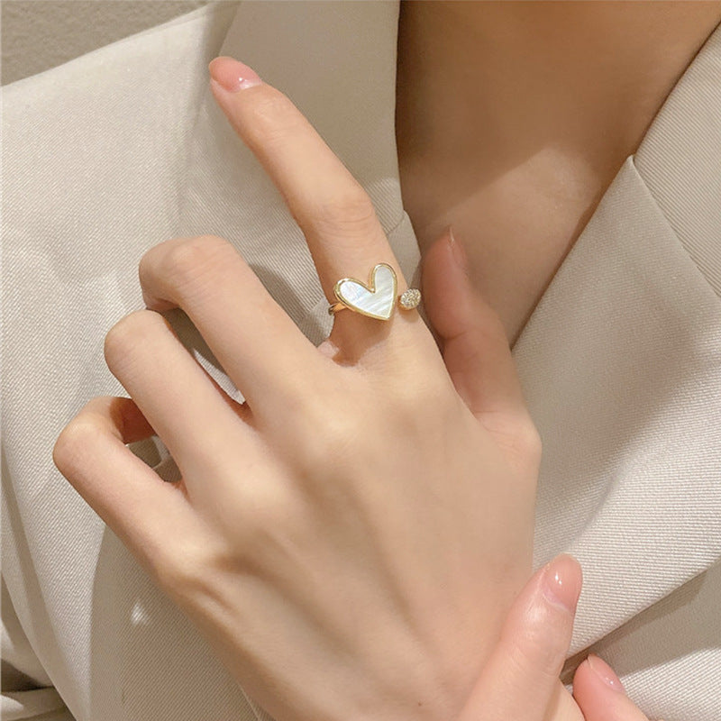 Heart & Cute Cat Tail Natural Pearl Shell Ring