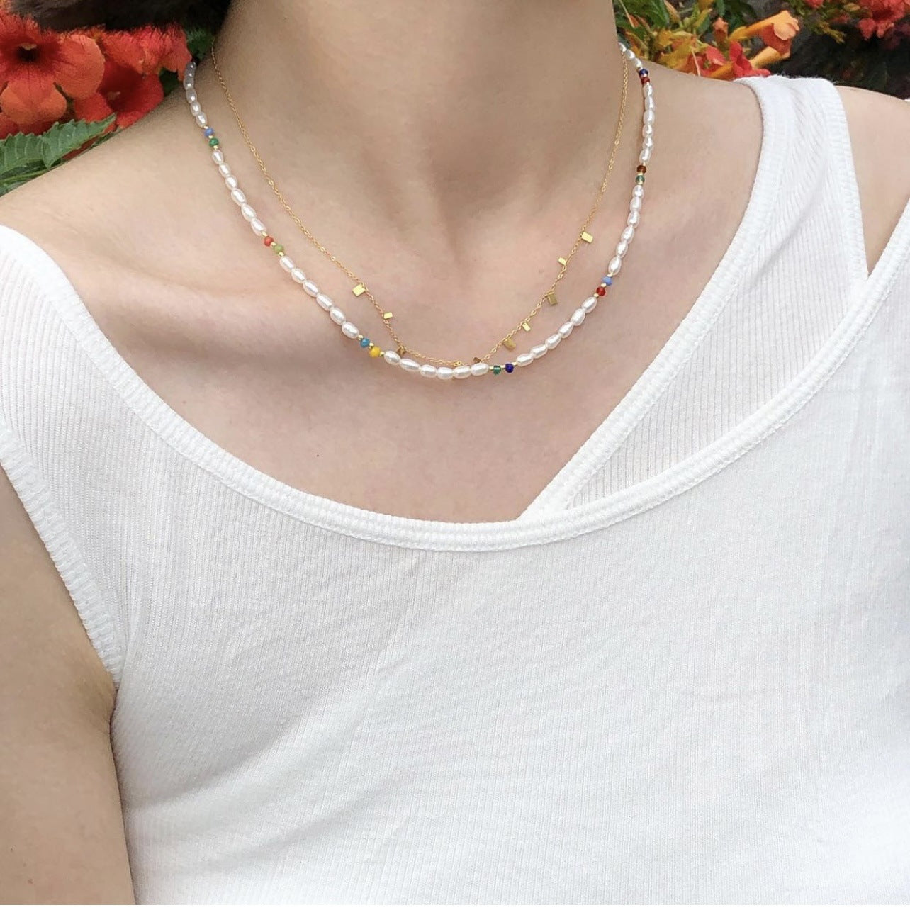 Natural Cultured Pearl Choker with Colourful Bead Handmade Match-Stackable Necklace