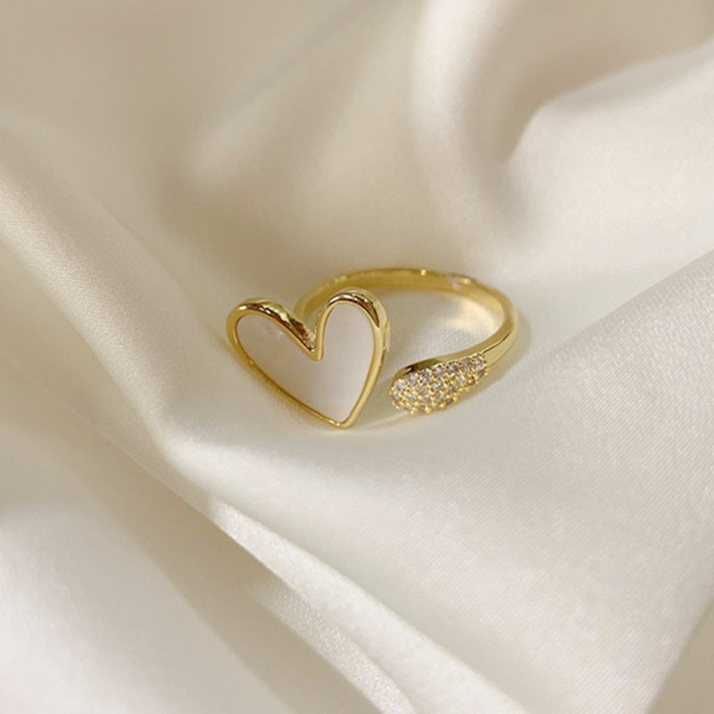 Heart & Cute Cat Tail Natural Pearl Shell Ring