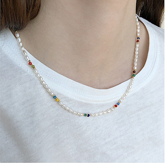 Natural Cultured Pearl Choker with Colourful Bead Handmade Match-Stackable Necklace