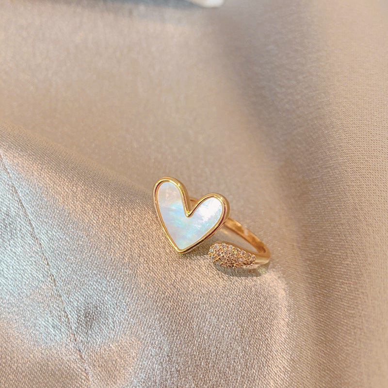 Heart & Cute Cat Tail Natural Pearl Shell Ring