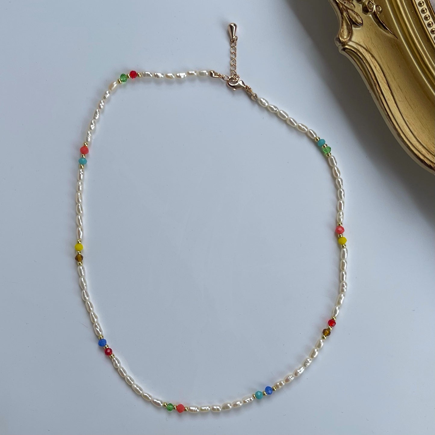 Natural Cultured Pearl Choker with Colourful Bead Handmade Match-Stackable Necklace