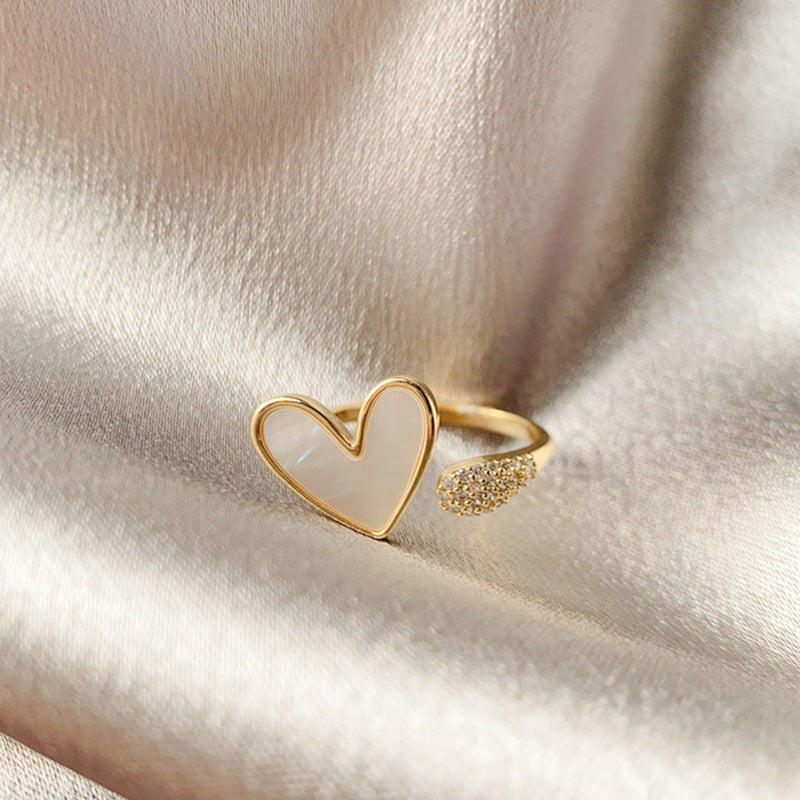 Heart & Cute Cat Tail Natural Pearl Shell Ring