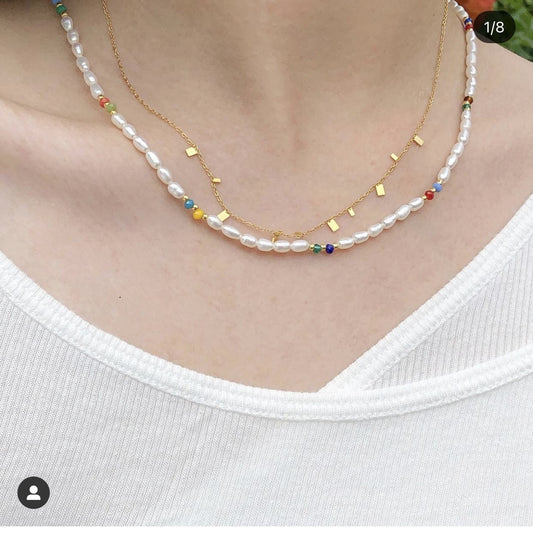 Natural Cultured Pearl Choker with Colourful Bead Handmade Match-Stackable Necklace