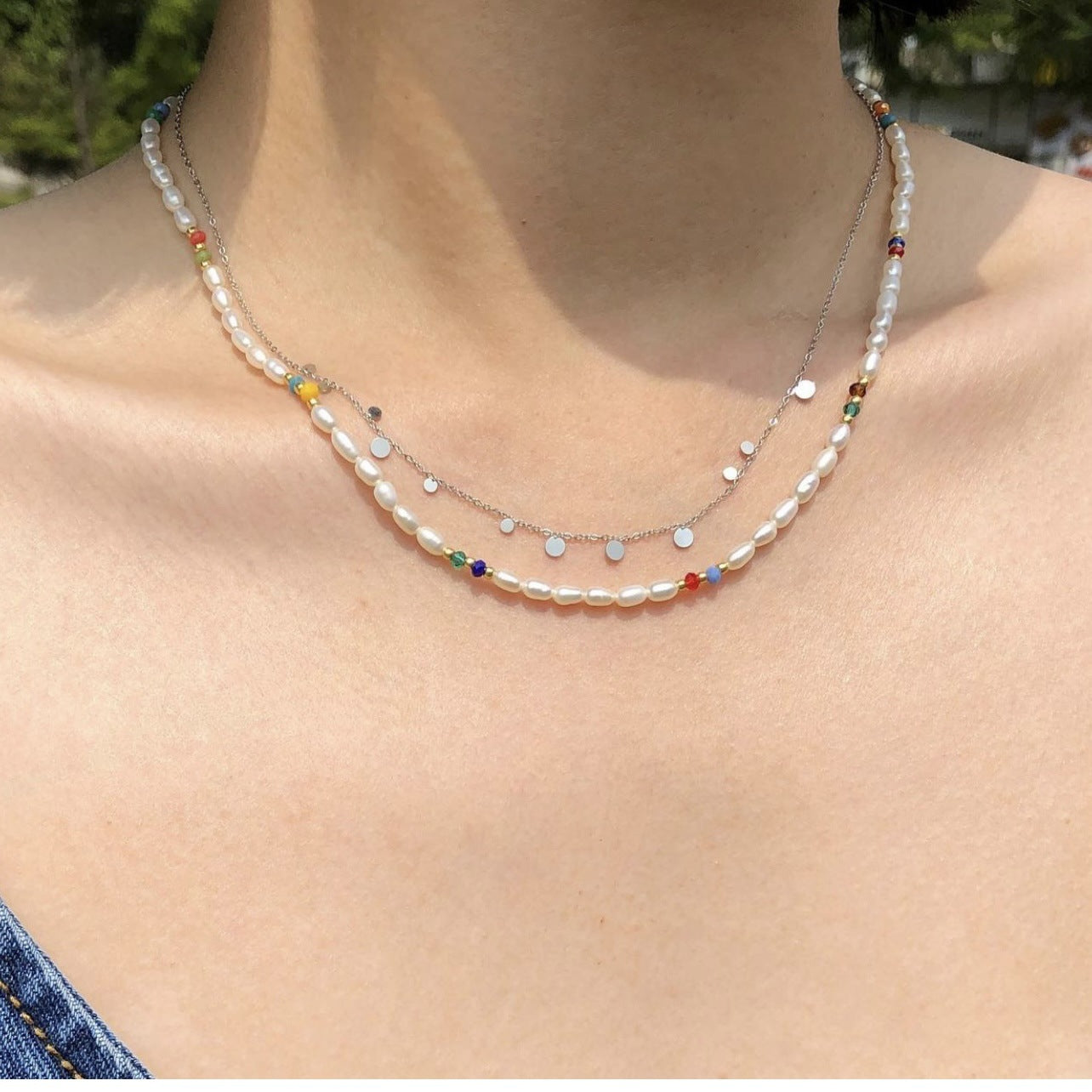 Natural Cultured Pearl Choker with Colourful Bead Handmade Match-Stackable Necklace