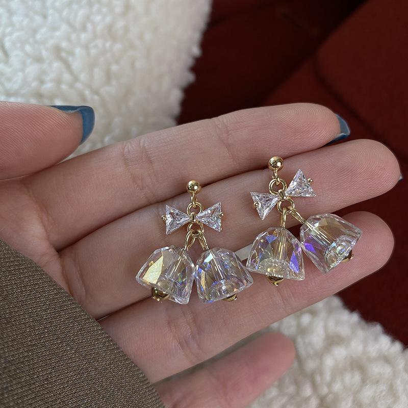 Fairy Crystal Bell Bow Stud Sterling Silver 925 Needle Earrings