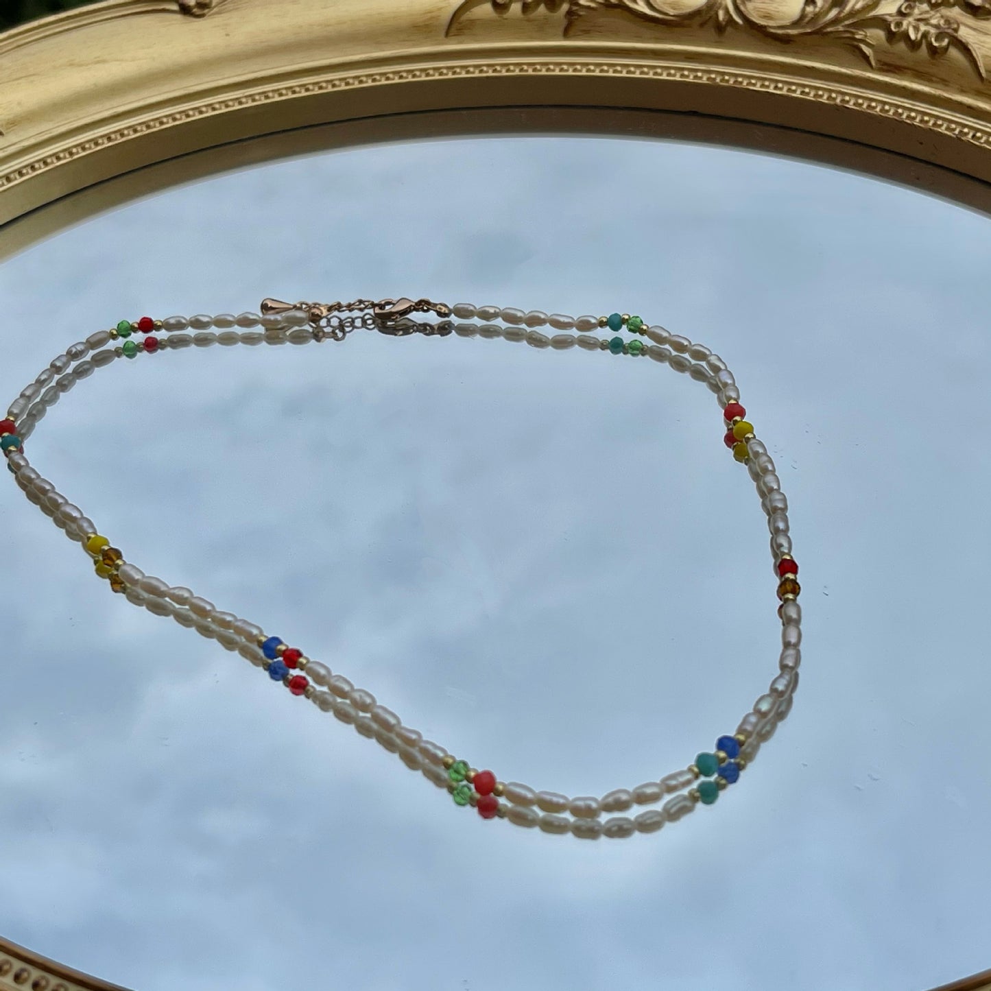 Natural Cultured Pearl Choker with Colourful Bead Handmade Match-Stackable Necklace