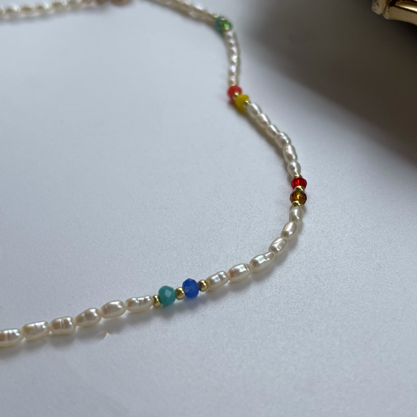 Natural Cultured Pearl Choker with Colourful Bead Handmade Match-Stackable Necklace