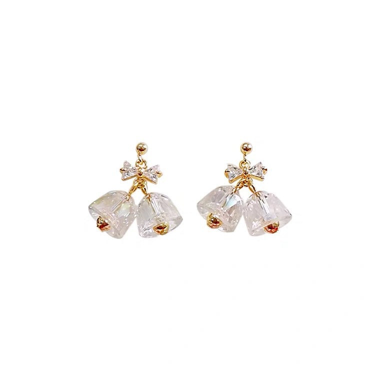 Fairy Crystal Bell Bow Stud Sterling Silver 925 Needle Earrings